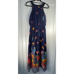 Robbie Bee Navy Floral Maxi Dress Halter Strappy Sleeveless Chiffon 6